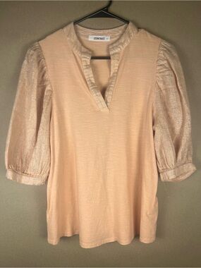 Anthropologie Self Contrast Puff Sle Blouse Blush Rose Gold Metallic Linen S NWT